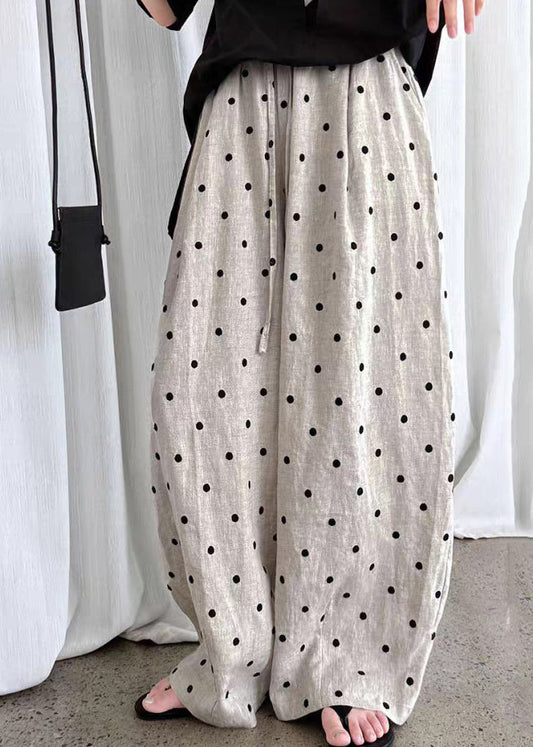 Loose Light Grey Dot Print Elastic Waist Wide Leg Pants Summer