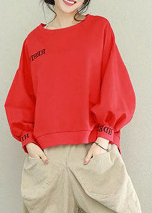 Diy Red O-neck Low High Design Cotton Pullover Street Wear Spring