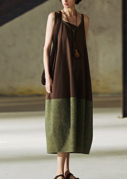 Diy Colorblock V Neck Patchwork Cotton Dresses Sleeveless