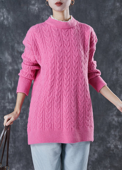 Pink Ruffled Patchwork Thick Knit Pullover Winter