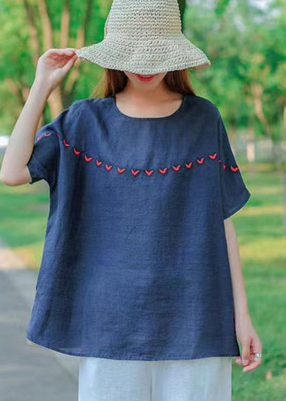 Navy O-neck Embroideried Cotton Tank Tops Short Sleeve