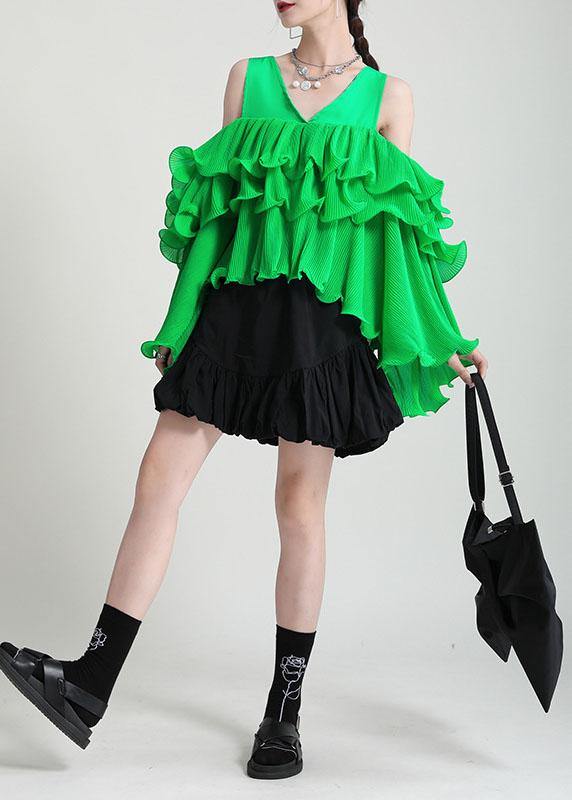 Green Asymmetrical Design Ruffled Cold Shoulder Chiffon Top Long Sleeve