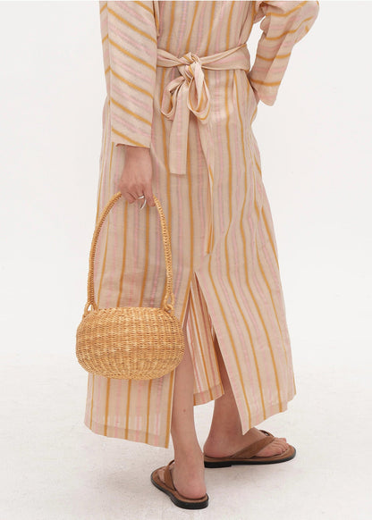 Beige Asymmetrical Striped Cotton Tunic Dress Fall