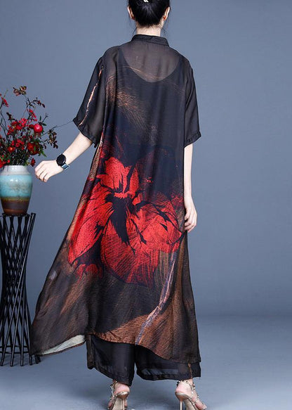 Summer Large Red Print Coat + Wide Leg Pants Two Piece Set