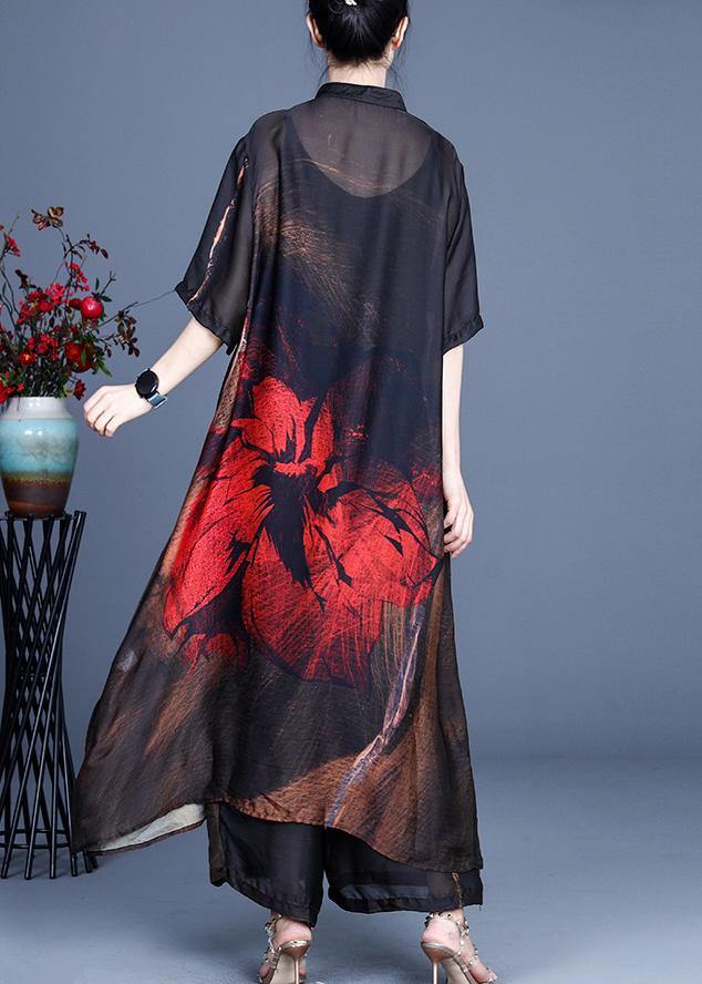 Summer Large Red Print Coat + Wide Leg Pants Two Piece Set