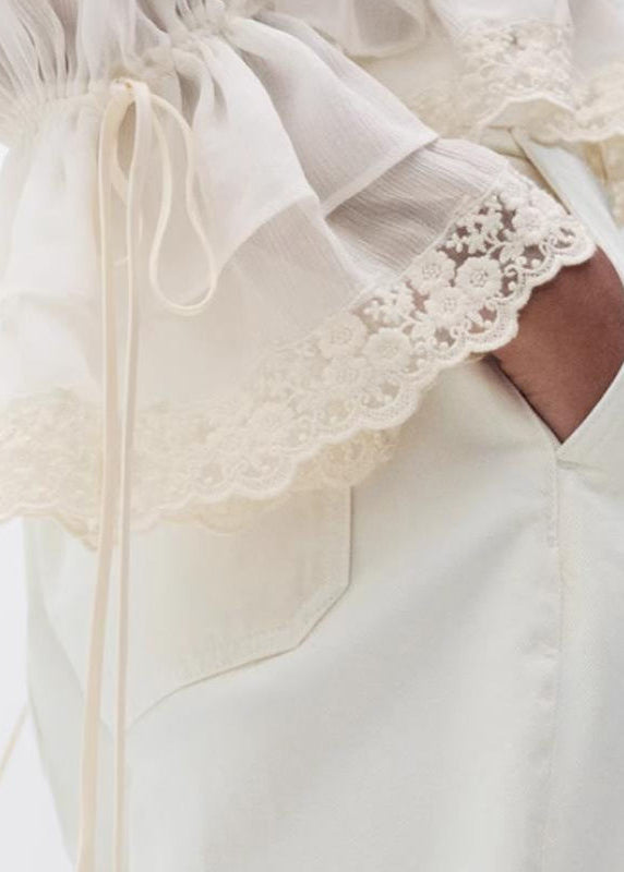 White V Neck Lace Patchwork Chiffon Fall