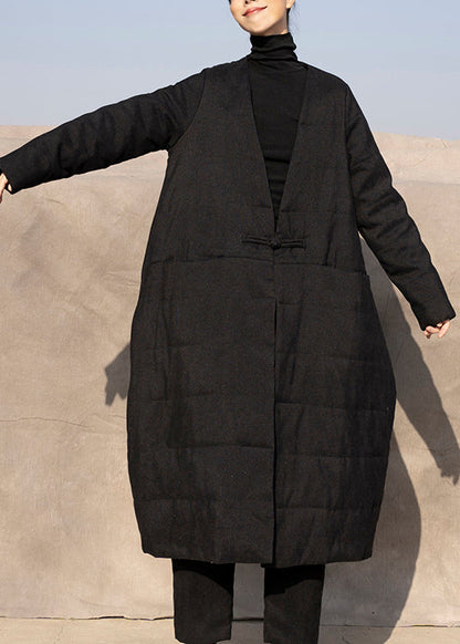 Black V Neck Chinese Button Fine Cotton Filled Coat Winter
