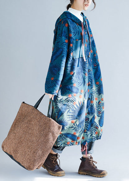 Italian Navy Drawstring Print Hooded Coat Spring