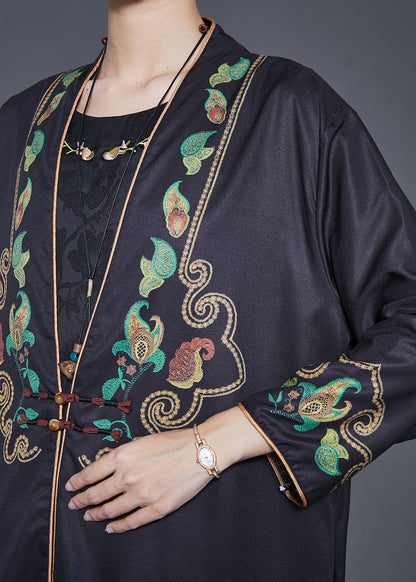 Black Embroidered Chinese Button Silk Two Pieces Set Fall