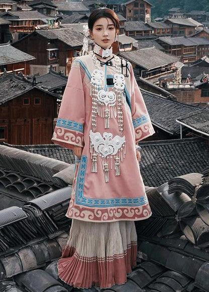 Chinese Style Pink Embroideried Wrinkled Cotton Two Pieces Set Fall