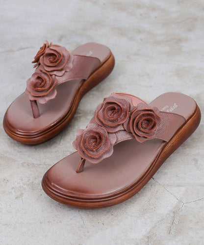 Brown Splicing Faux Leather Wedge Flip Flops