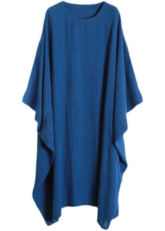 Stylish Blue Batwing Sleeve O Neck Linen Dresses
