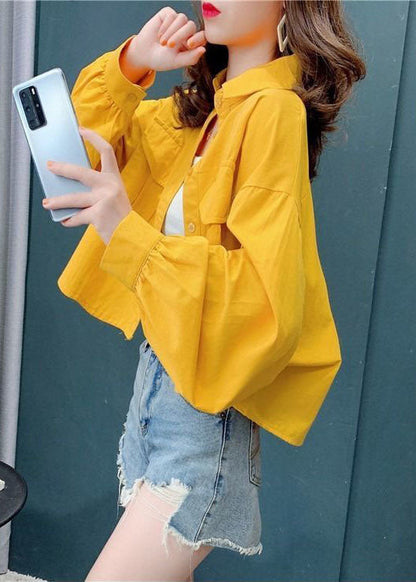 Yellow Color Pockets Cotton Blouses Batwing Sleeve