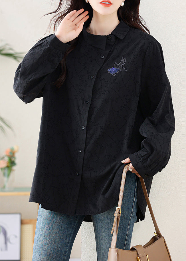 Black Embroideried Cotton Shirt Fall