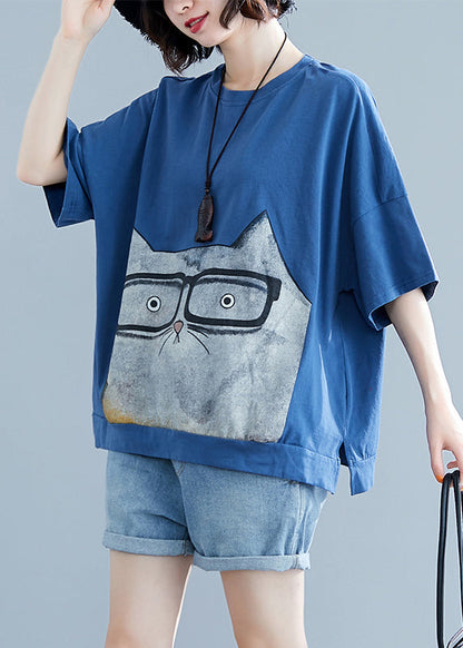 French Light Blue O-neck Side Open Character Print Tank Tops Short Sleeve