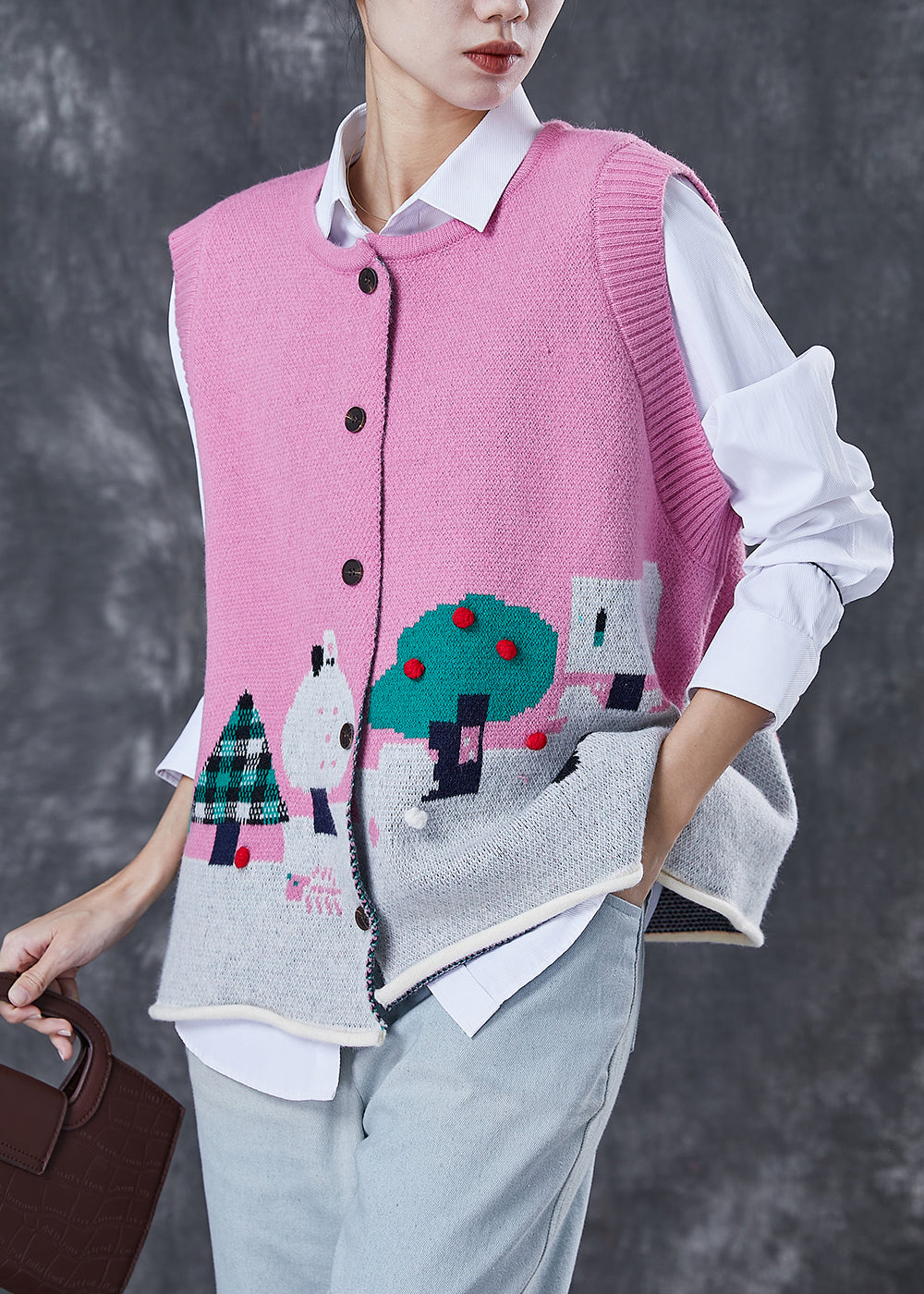 Rose Cartoon Jacquard Knit Sets 2 Pieces Fuzzy Ball Decorated Spring
