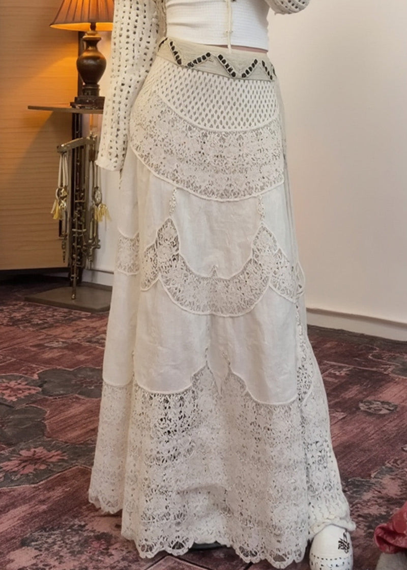 White High Waist Patchwork Lace a Line Skirts Spring