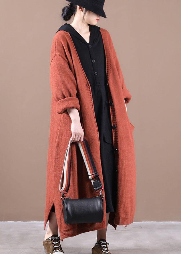 Orange Red Pockets Fall Long Knit Coat