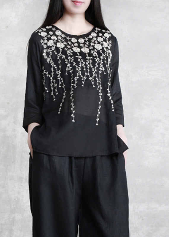 Black Embroideried Linen Top Three Quarter Sleeve
