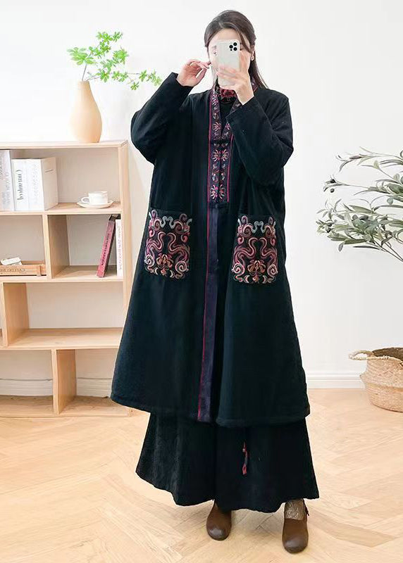 Mulberry V Neck Embroideried Pockets Fine Cotton Filled Coat Winter
