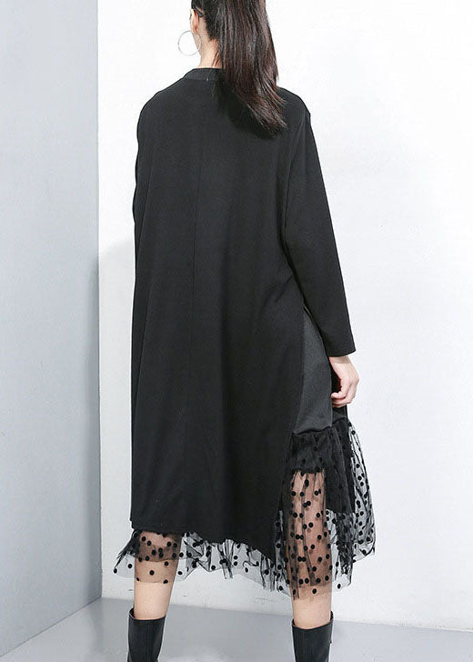 Black Asymmetrical Tulle Patchwork Cotton Maxi Dresses Spring
