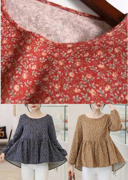 Retro Yellow Print Cotton Shirt Top Asymmetrical Long Sleeve