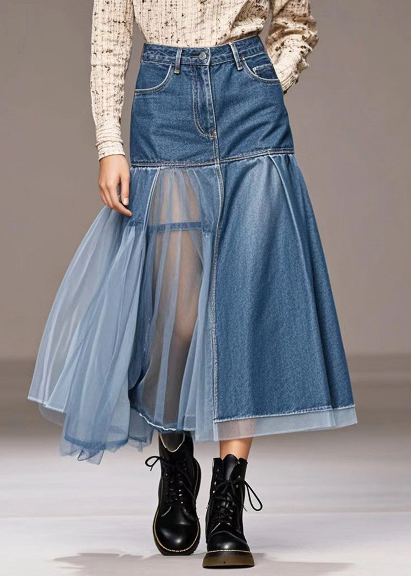 Blue Silm Fit Tulle Patchwork Denim Skirt Spring