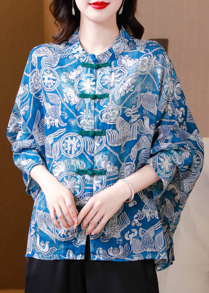 Blue Button Print Linen Blouses Batwing Sleeve