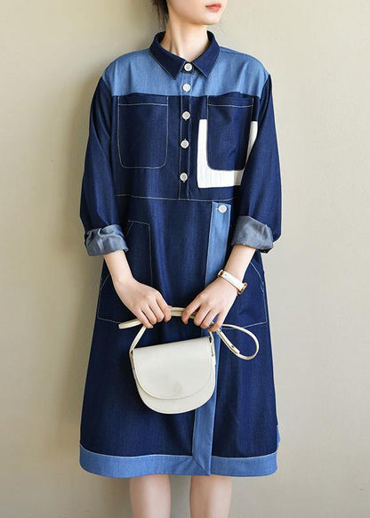 Diy Navy Long Sleeve Chiffon Dress Patchwork Mid Dress