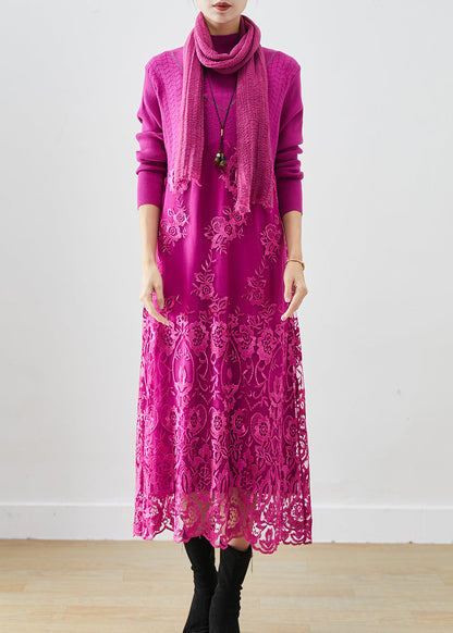 Rose Patchwork Knit Robe Dresses Embroideried Fall