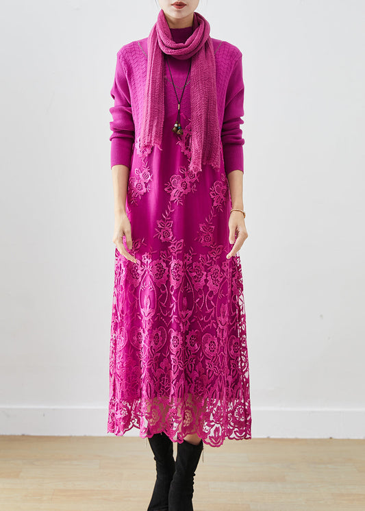 Rose Patchwork Knit Robe Dresses Embroideried Fall