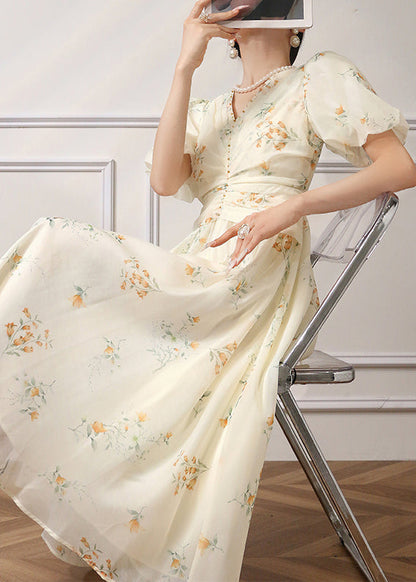 Apricot Print High Waist Chiffon Dress Summer