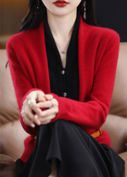 Red V Neck Patchwork False Two Pieces Woolen Top Fall
