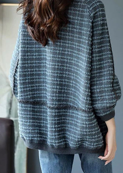 Handmade Blue O-neck Zippered Striped Patchwork Pockets Coats Long Sleeve