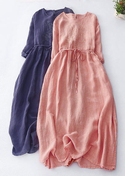Dark Purple Embroidered Tie Waist Linen Maxi Dress Spring