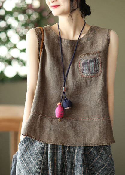 Chocolate Pocket Patchwork Linen Tank Tops Sleeveless