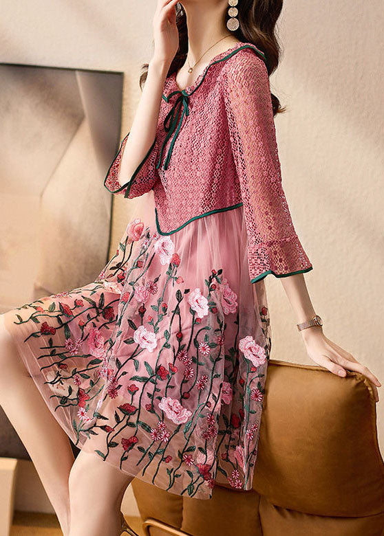 Natural Pink Embroideried Patchwork Tulle Mid Dress Spring