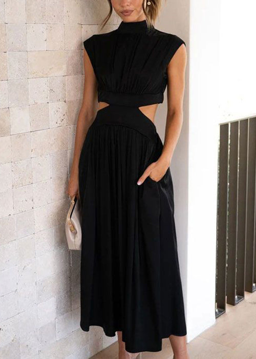 Black Pockets Cotton Summer Long Dresses Hollow Out