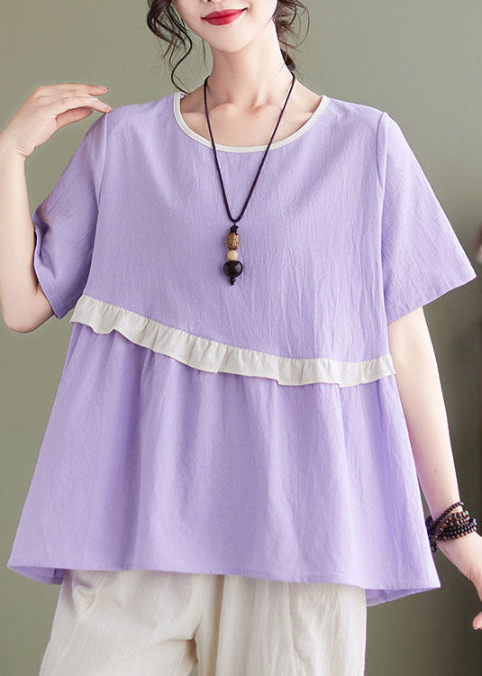 Light Purple O-neck Ruffled Patchwork Cotton Tops and Harem Pants Two Pieces Set Summer