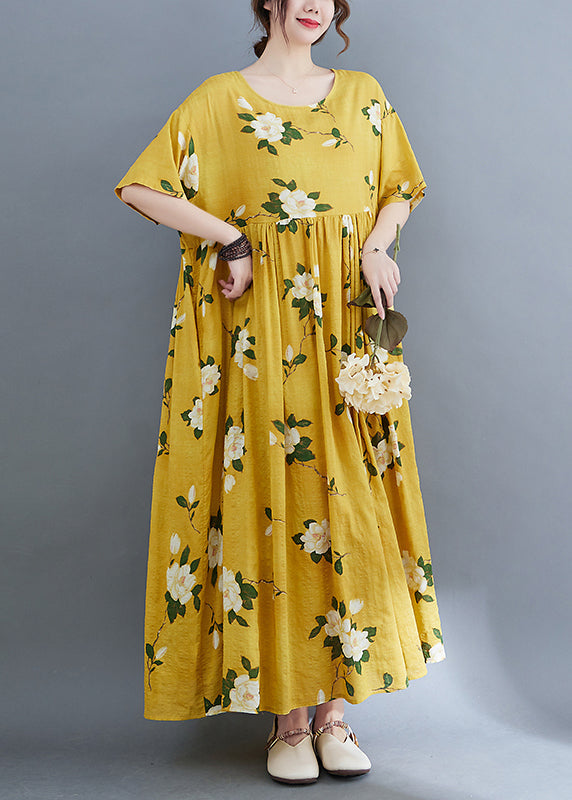 Style Yellow O-neck Cinched Print Long Dresses Short Sleeve