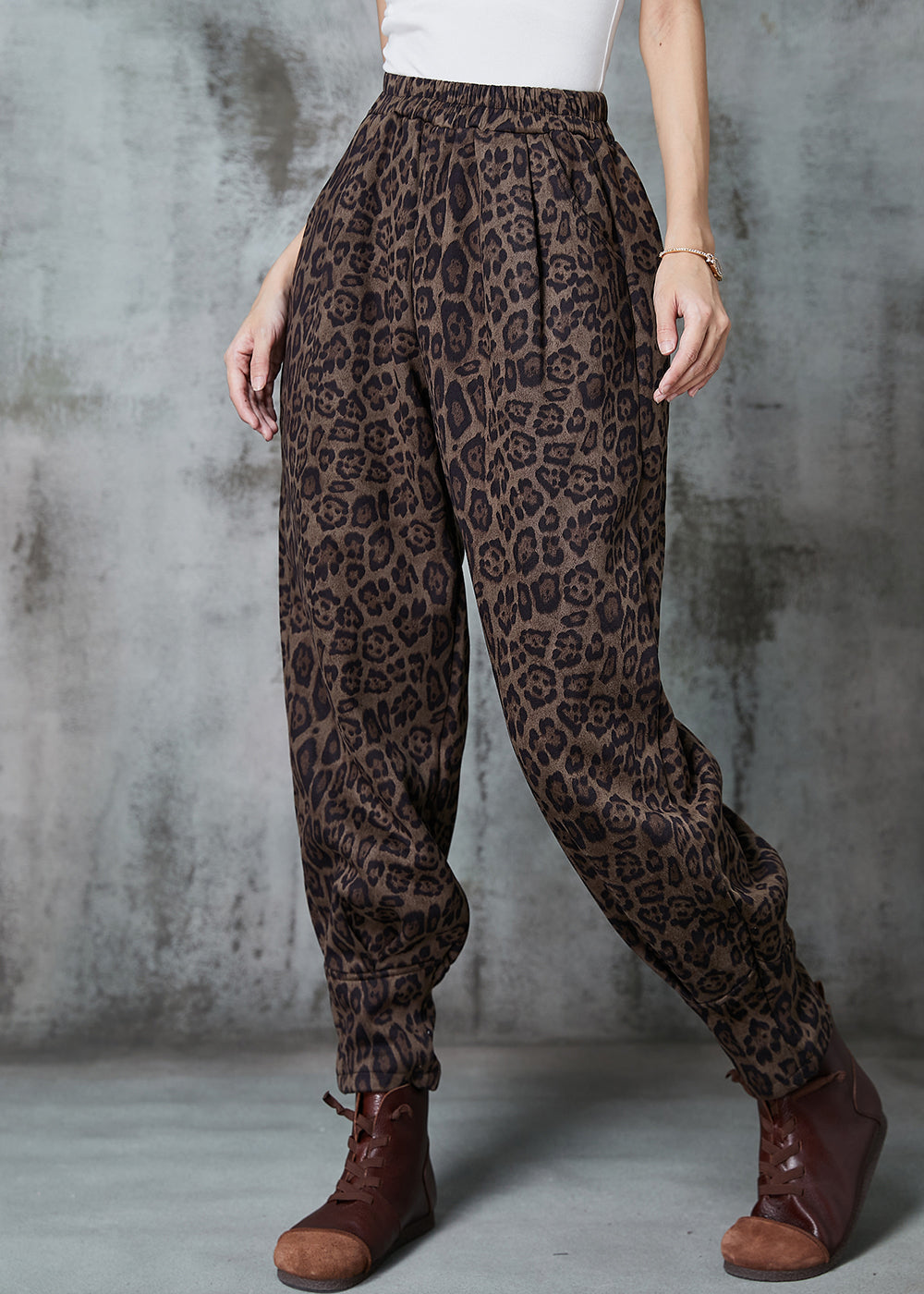 Coffee Leopard Print Faux Suede Harem Pants Spring