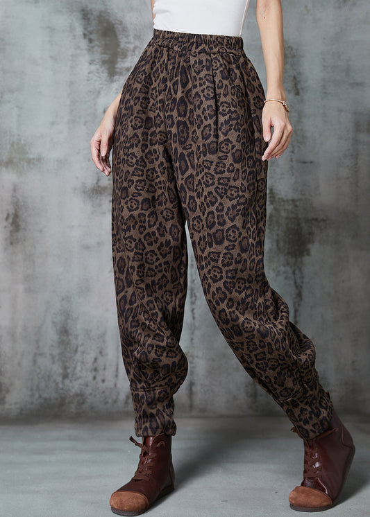 Coffee Leopard Print Faux Suede Harem Pants Spring