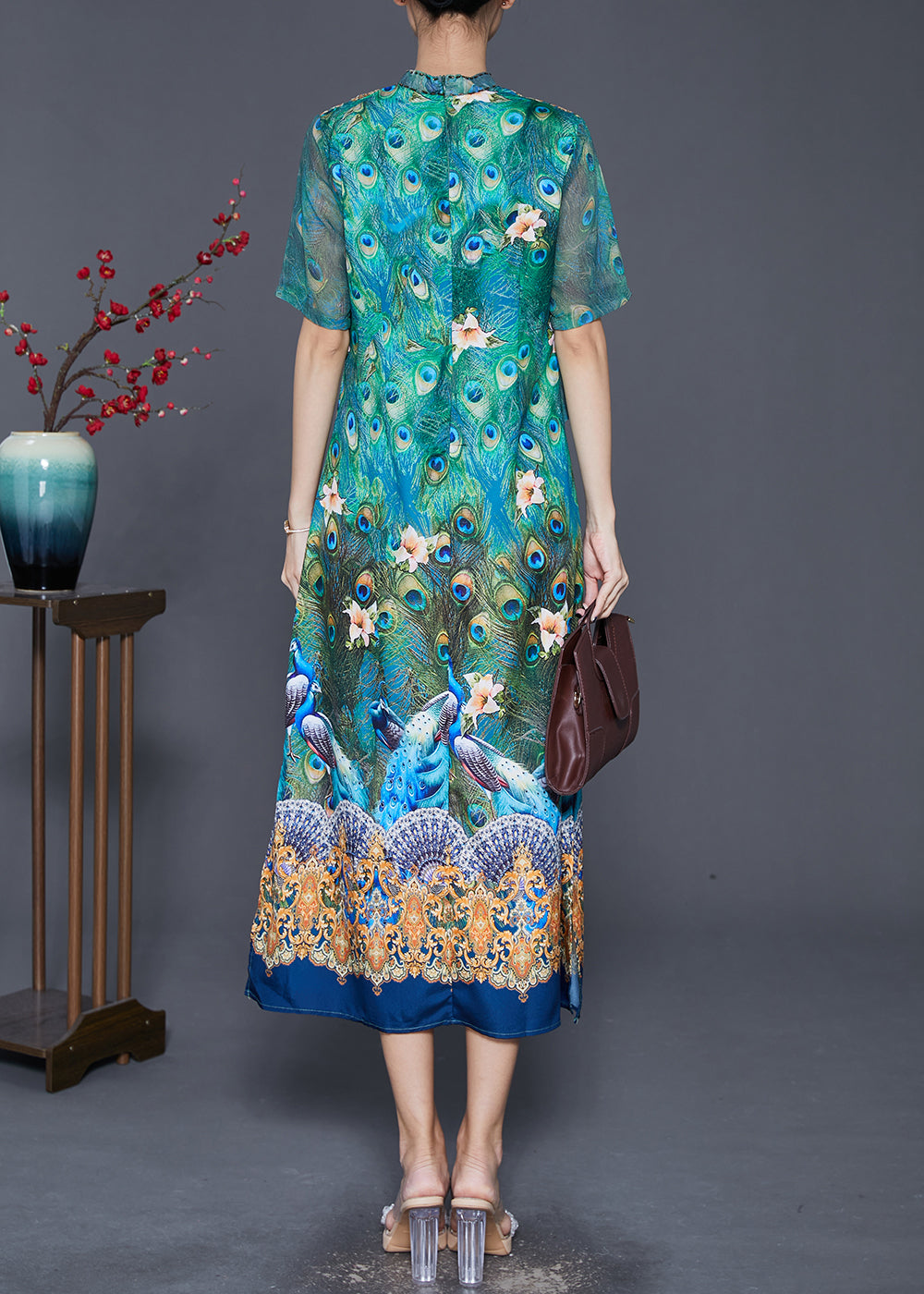 Green Peacock Print Side Open Silk Dress Summer