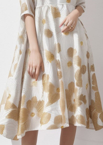 Organic Apricot U Neck Print Silk Long Dress Summer