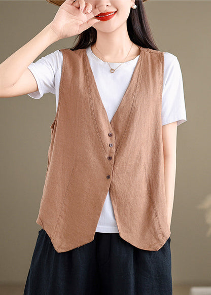 Khaki V Neck Button Cotton Vest Tops Sleeveless