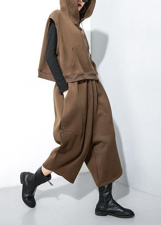 Chocolate Hooded Warm Fleece Two Pieces Set Sleeveless Waistcoat