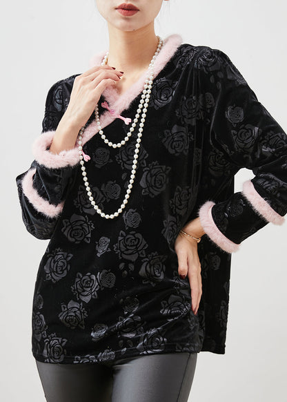 Black Jacquard Patchwork Oriental Silk Velour Shirt Tops Spring