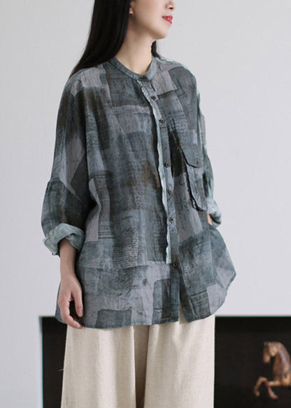 Loose Blue O-neck Print Button Pockets Linen Tops Long Sleeve