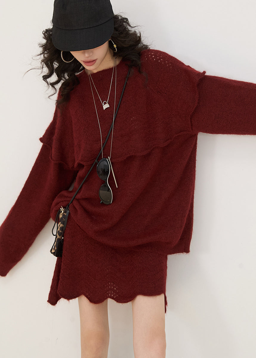 Grey Ruffled Patchwork Knit Pullover Winter