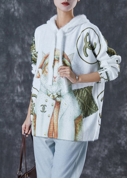 White Hooded Cat Print Mink Hair Knitted Sweaters Winter